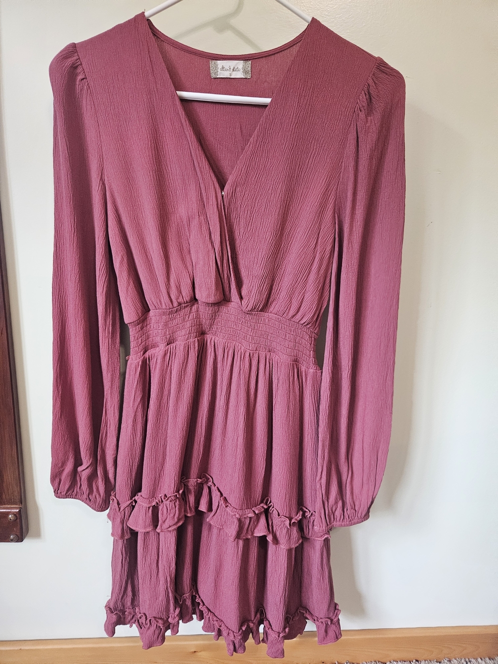 Altar'd State Dusty Rose Long-Sleeve Smocked Waist Ruffle Mini Dress